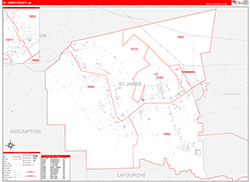 St. JamesParish (County), LA Wall Map Zip Code Red Line Style 2026